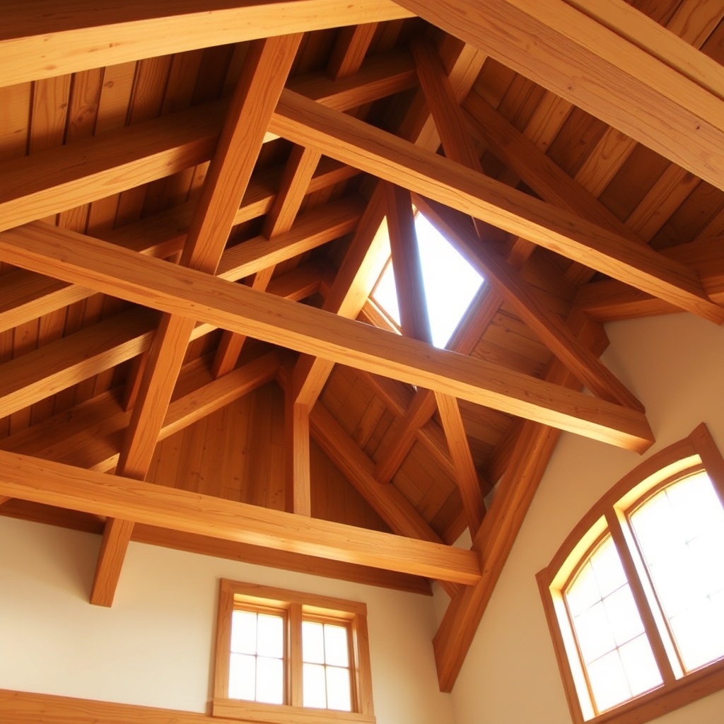 <A photorealistic photo showing the interior of a TimberHomes Post & Beam roof system with