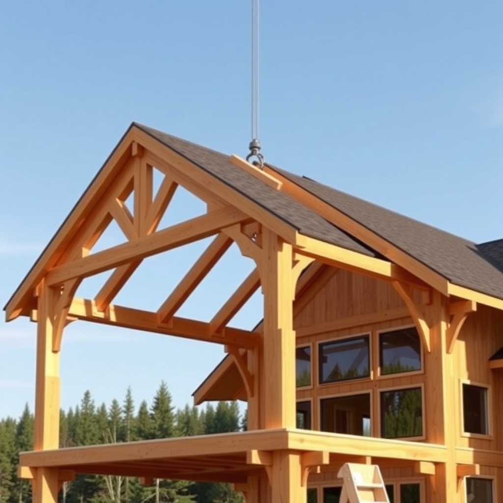 <A photorealistic exterior shot of a TimberHomes Post & Beam roof under construction