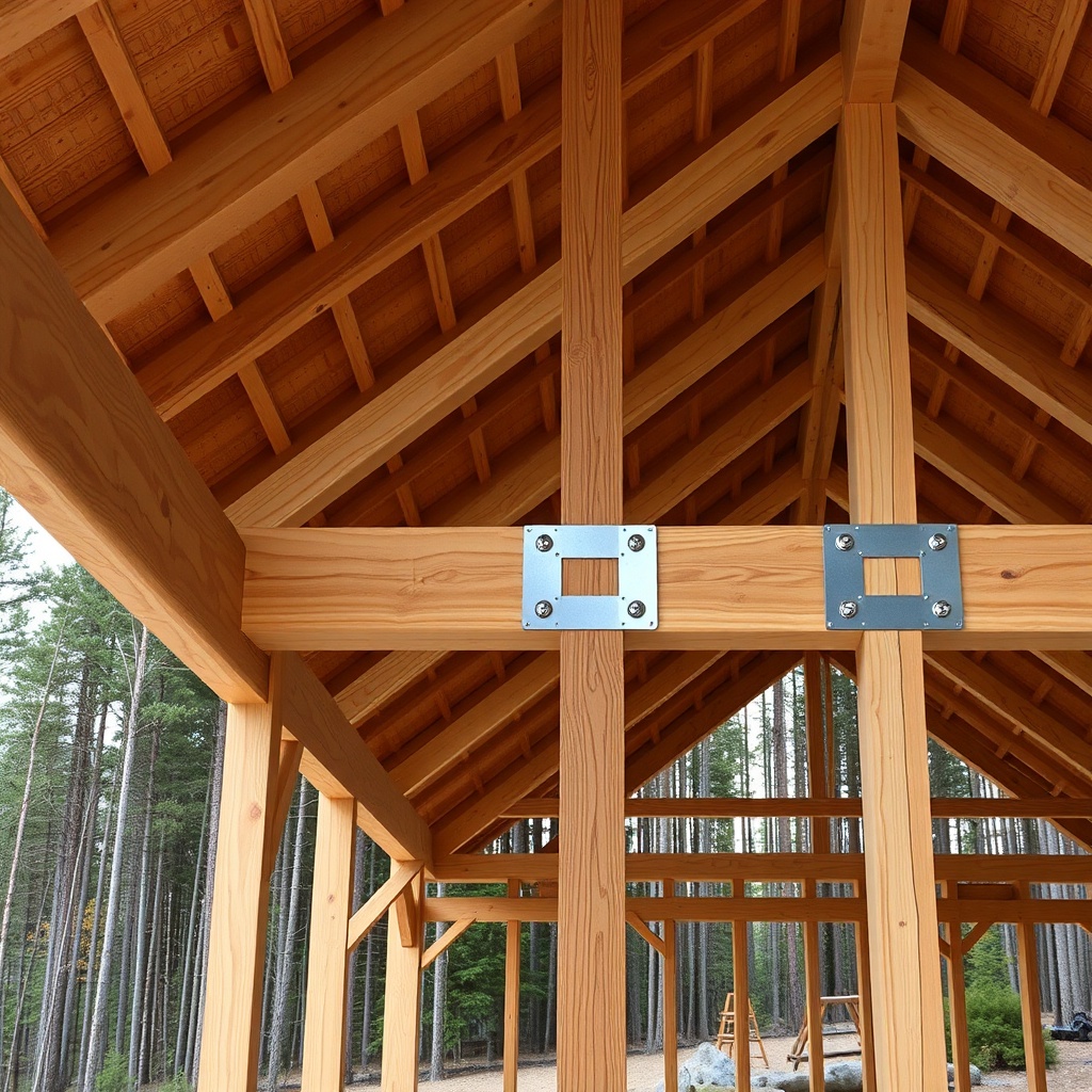 A photorealistic photo of a meticulously assembled TimberHomes post and beam frame with vi