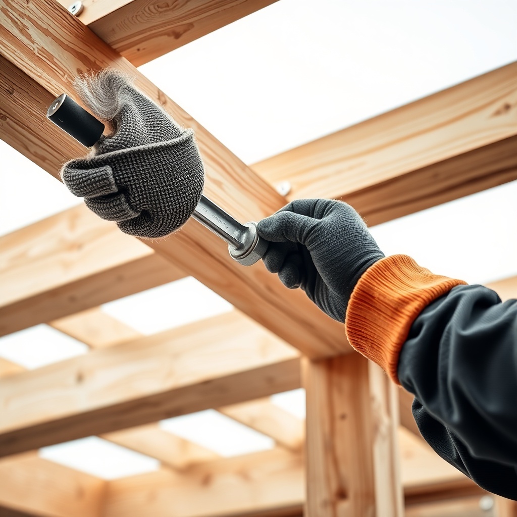 A photorealistic photo of a timber frame worker in protective gloves securing a steel tens