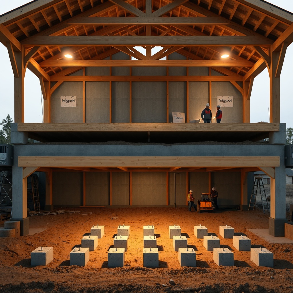 <A photorealistic above-ground shot of a TimberHomes Post & Beam barn under construction
