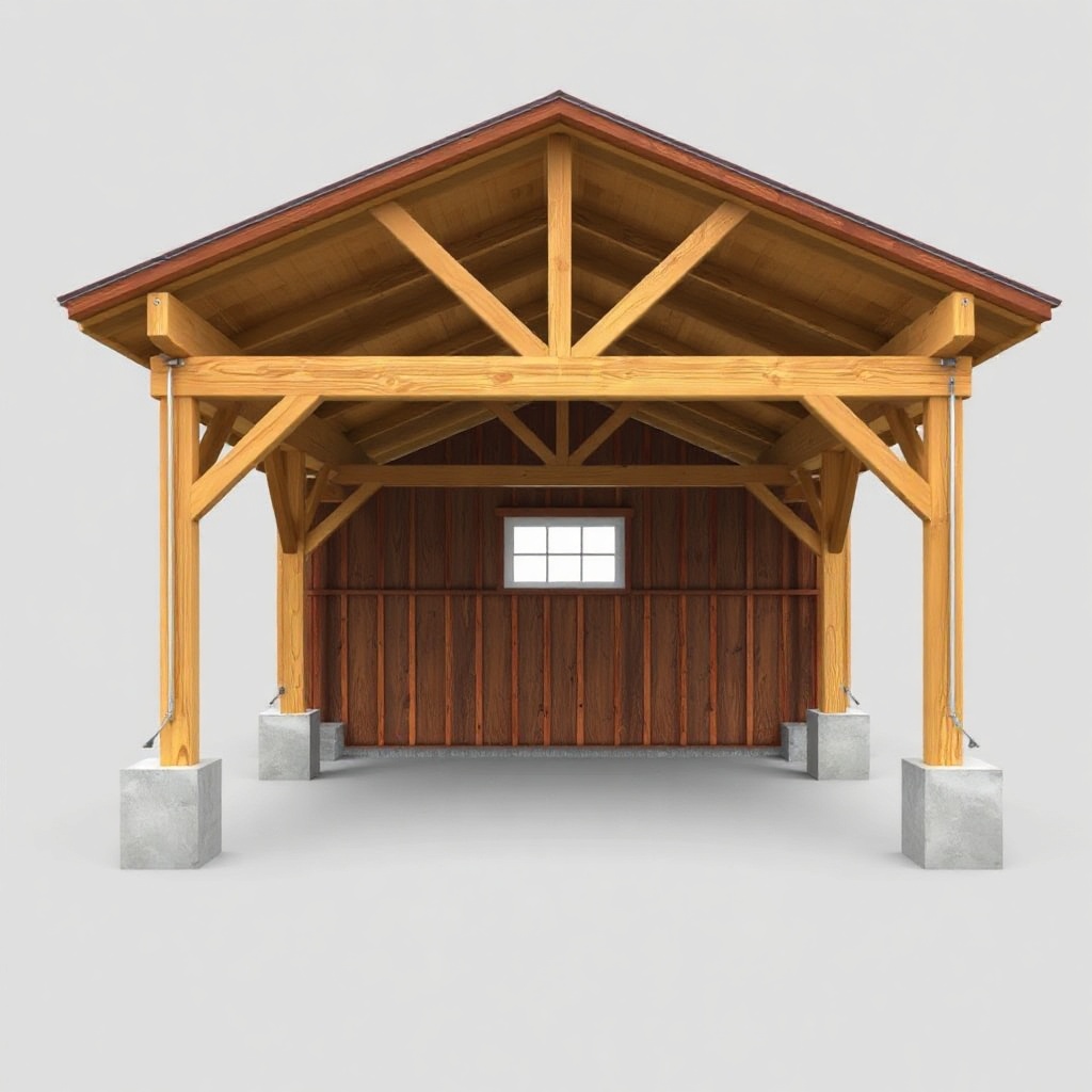 <clean photorealistic photo illustration of a TimberHomes Post & Beam barn with a visible