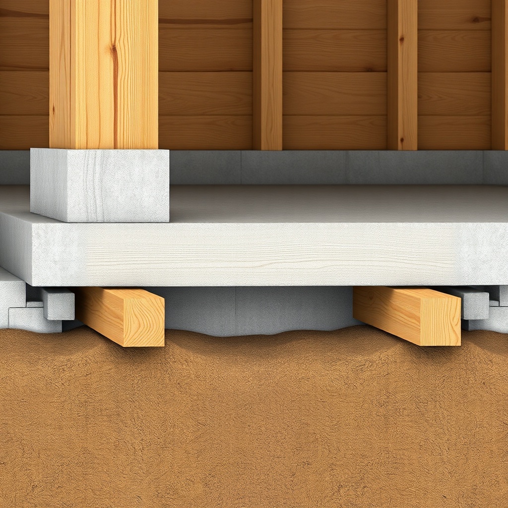 <clean photorealistic photo illustration of a grade beam foundation for a TimberHomes Post