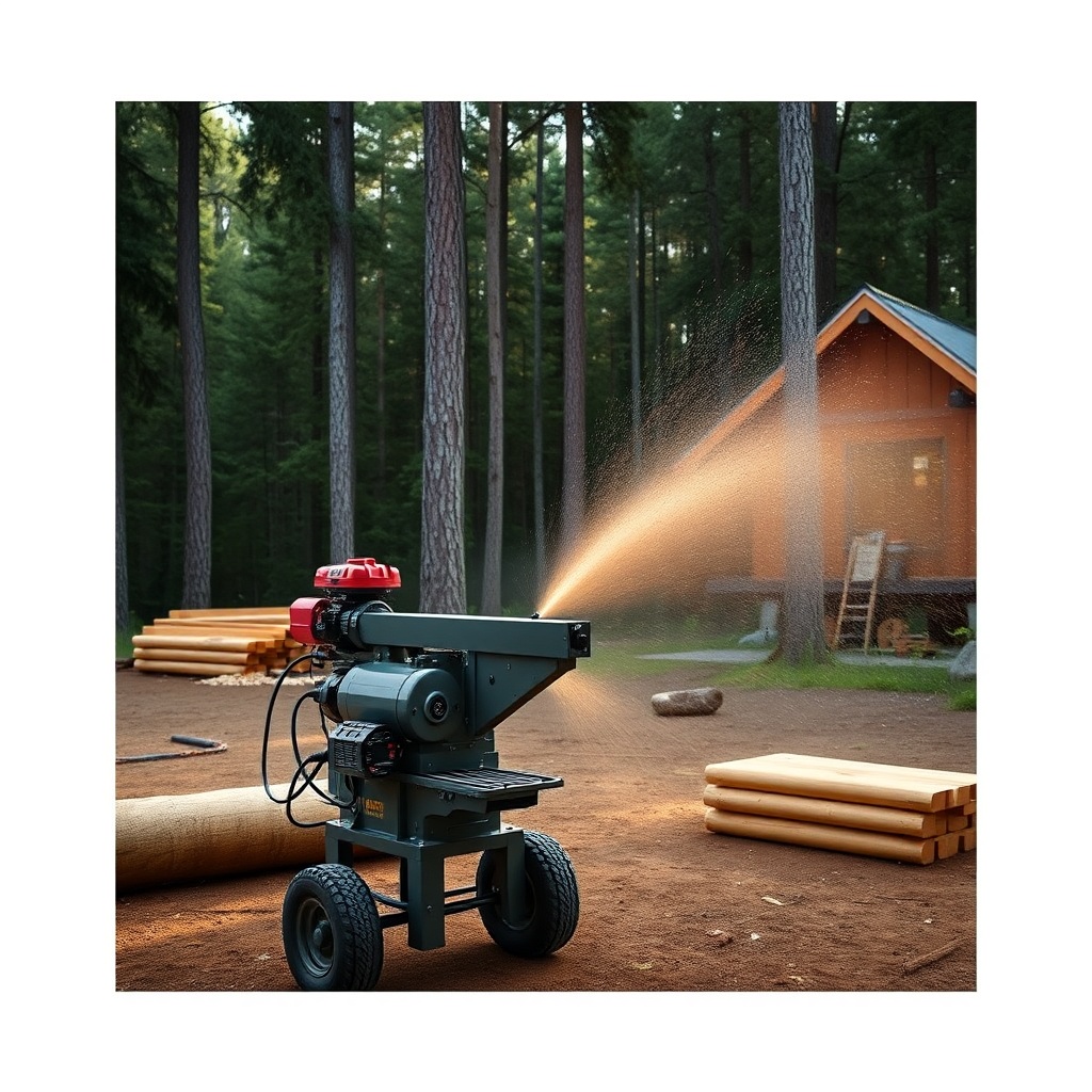 <clean photorealistic photo/illustration of a portable sawmill cutting a large timber beam