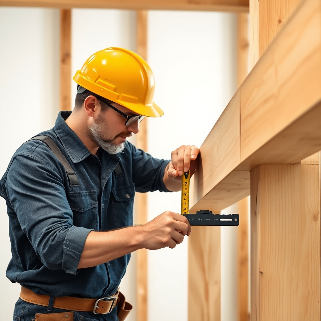 <clean photorealistic photo/illustration of a timber framer inspecting a freshly cut beam