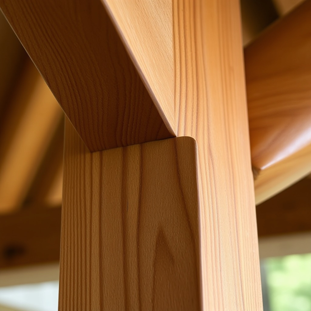 A close-up photorealistic photo of a TimberHomes post and beam corner joint showing a rich