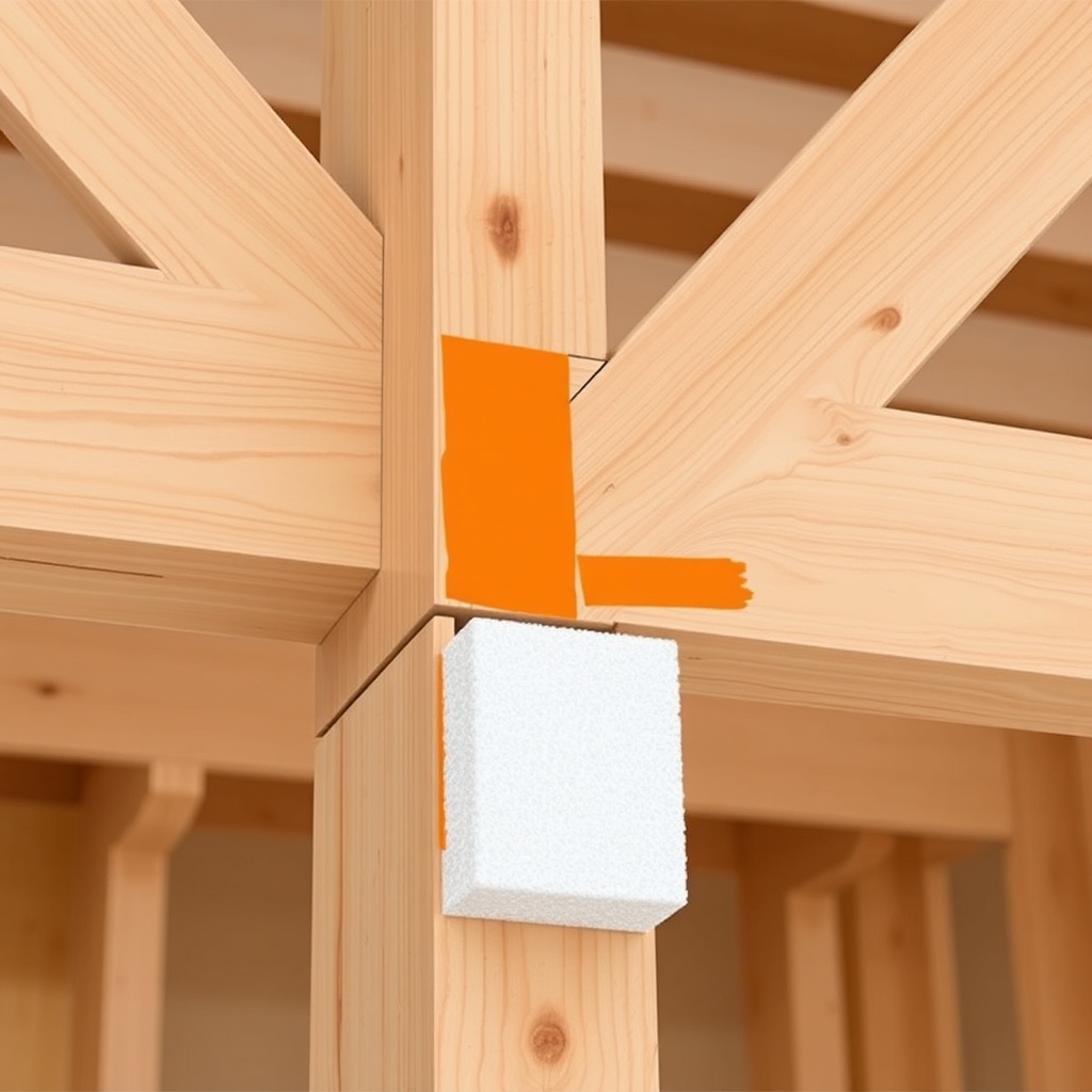 A photorealistic photo of a timber frame wall section during construction showing orange s
