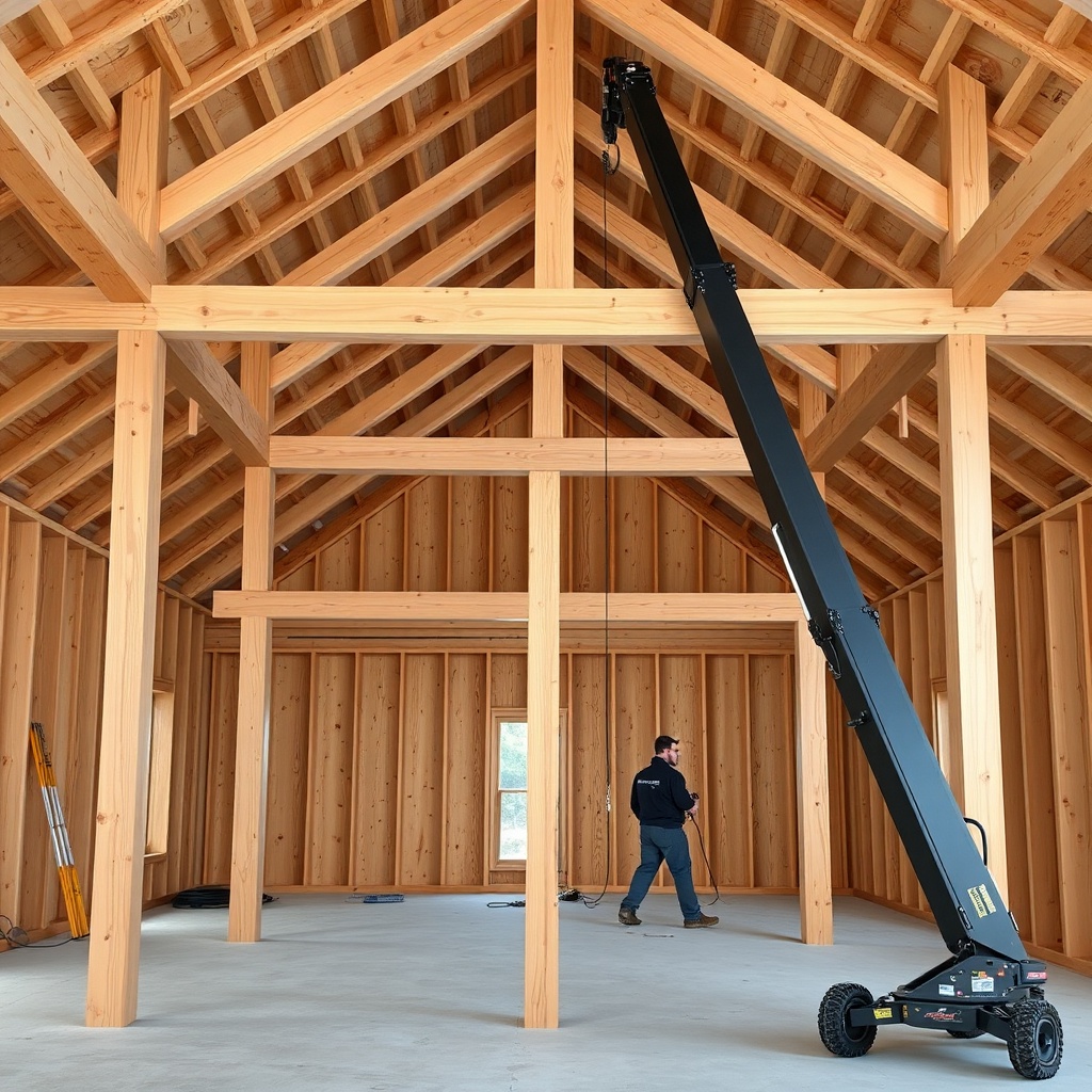 <clean photorealistic photo of a TimberHomes post and beam frame with floor trusses being