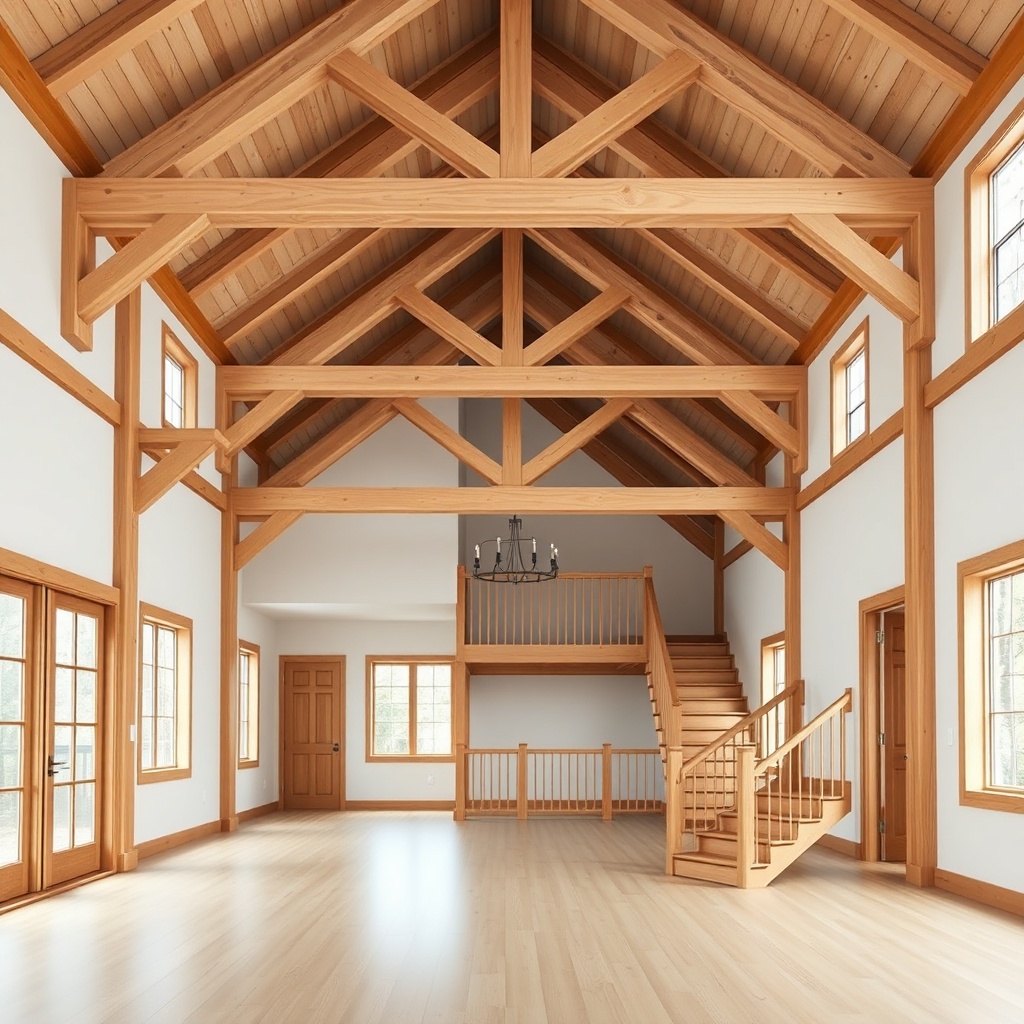 <clean photorealistic photo of an open-plan TimberHomes interior with a visible loft floor