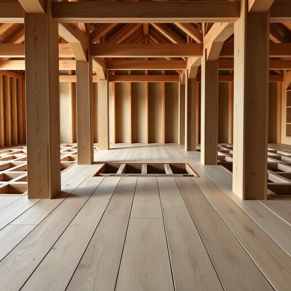 <clean photorealistic photo of a TimberHomes Post & Beam floor installation showing wide o