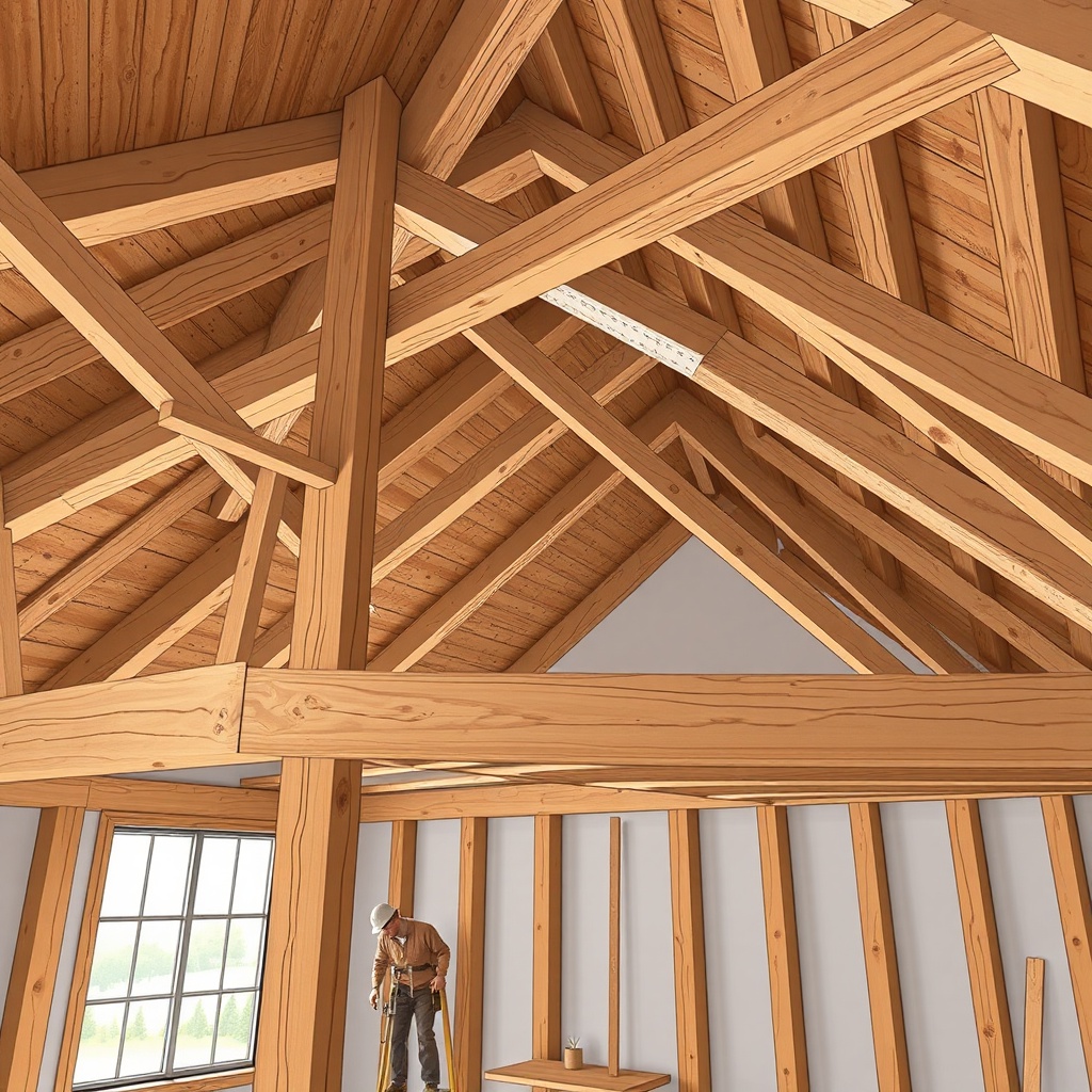 <clean photorealistic illustration of a TimberHomes Post & Beam loft under construction