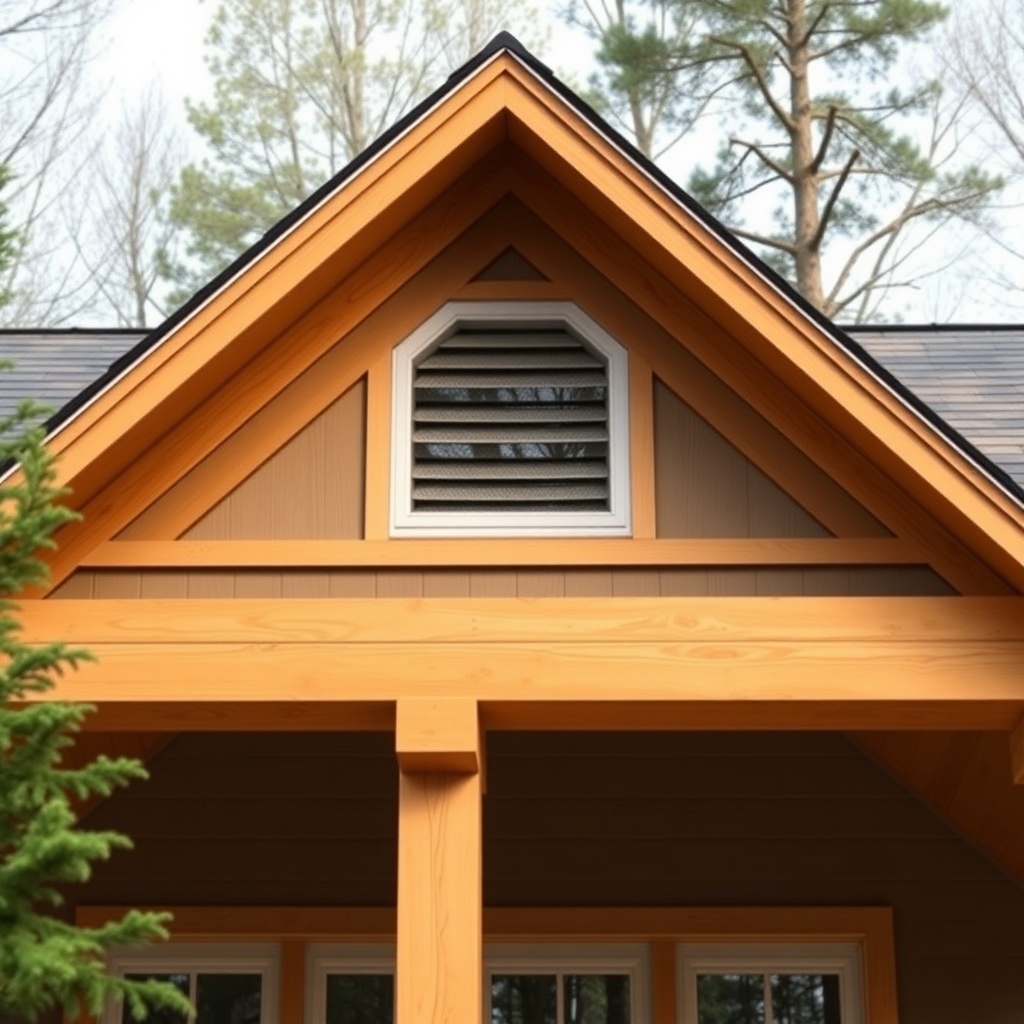 <Clean photorealistic photo of a TimberHomes Post & Beam gable roof showing ridge vent and