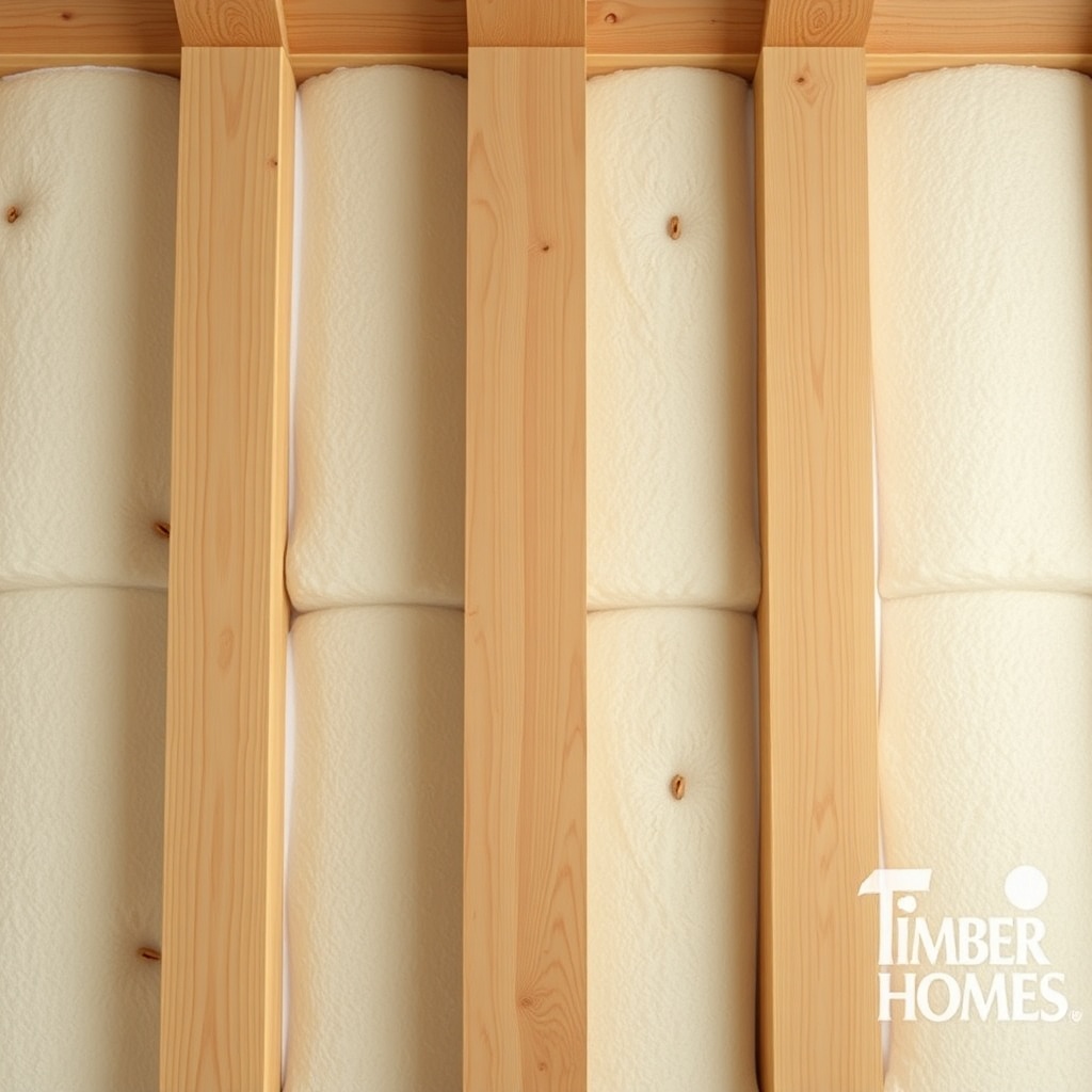 A clean photorealistic photo of a TimberHomes Post & Beam wall section showing spray foam