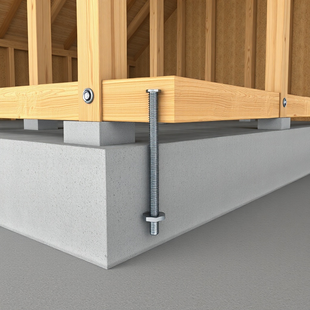 photorealistic image of a timber frame barn foundation with anchor bolts protruding from c