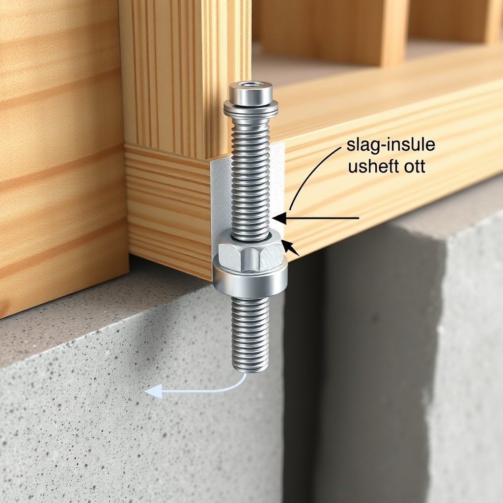 photorealistic close-up image of a completed mud sill installation showing anchor bolt wit