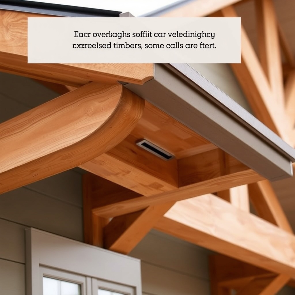 <clean photorealistic photo of a TimberHomes Post & Beam eave overhang showing soffit vent