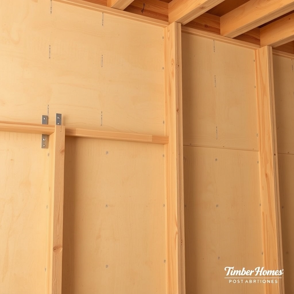 <A photorealistic photo of a TimberHomes Post & Beam shear wall under construction