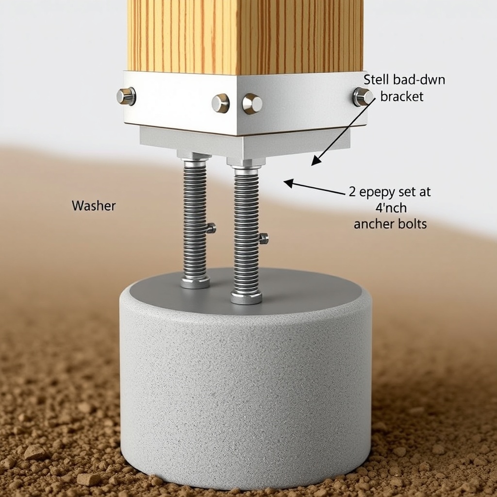 <A photorealistic close-up photo of a TimberHomes Post & Beam column base connection showi