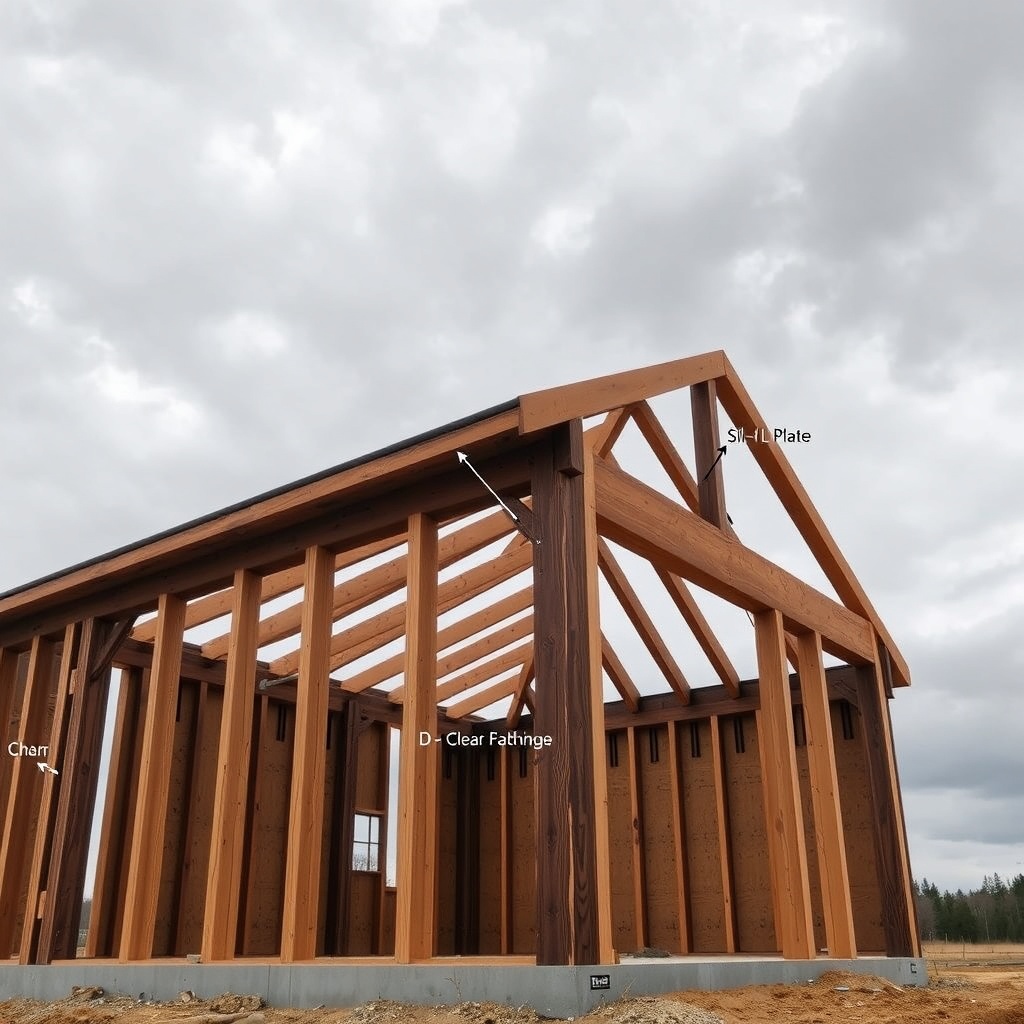 <A photorealistic photo of a TimberHomes post and beam barn under construction