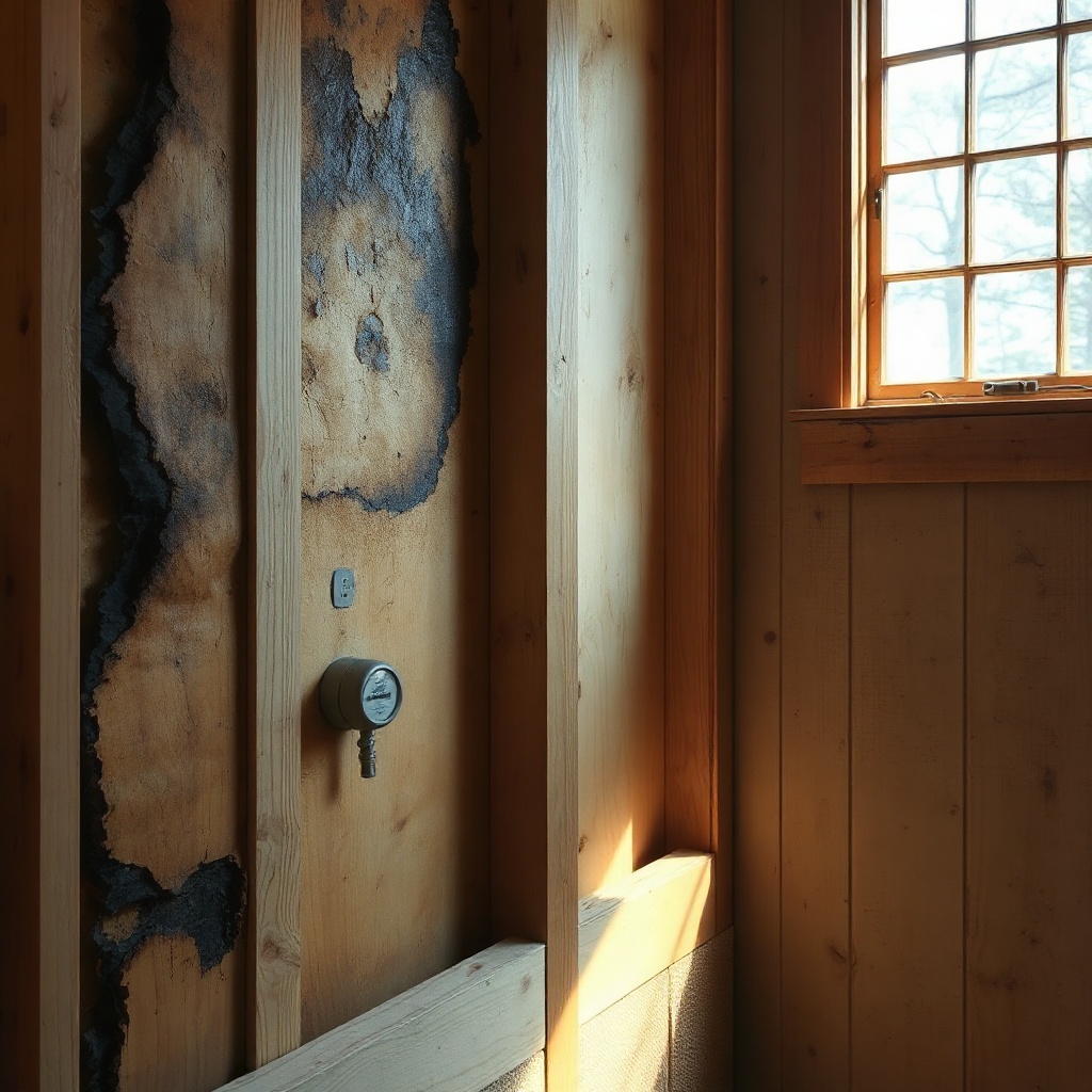 <A photorealistic photo of a partially dismantled TimberHomes shear wall showing dark stai