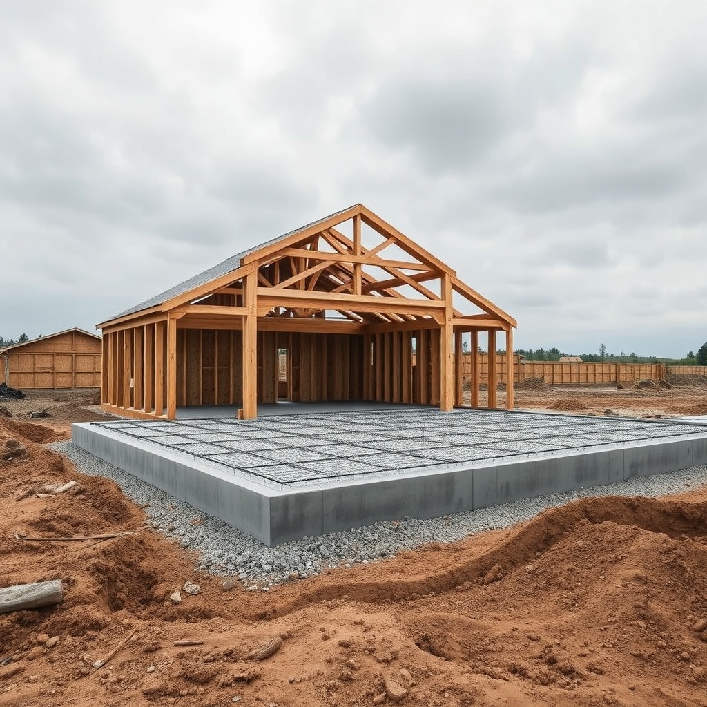 A photorealistic photo showing a partially constructed slab-on-grade foundation for a timb
