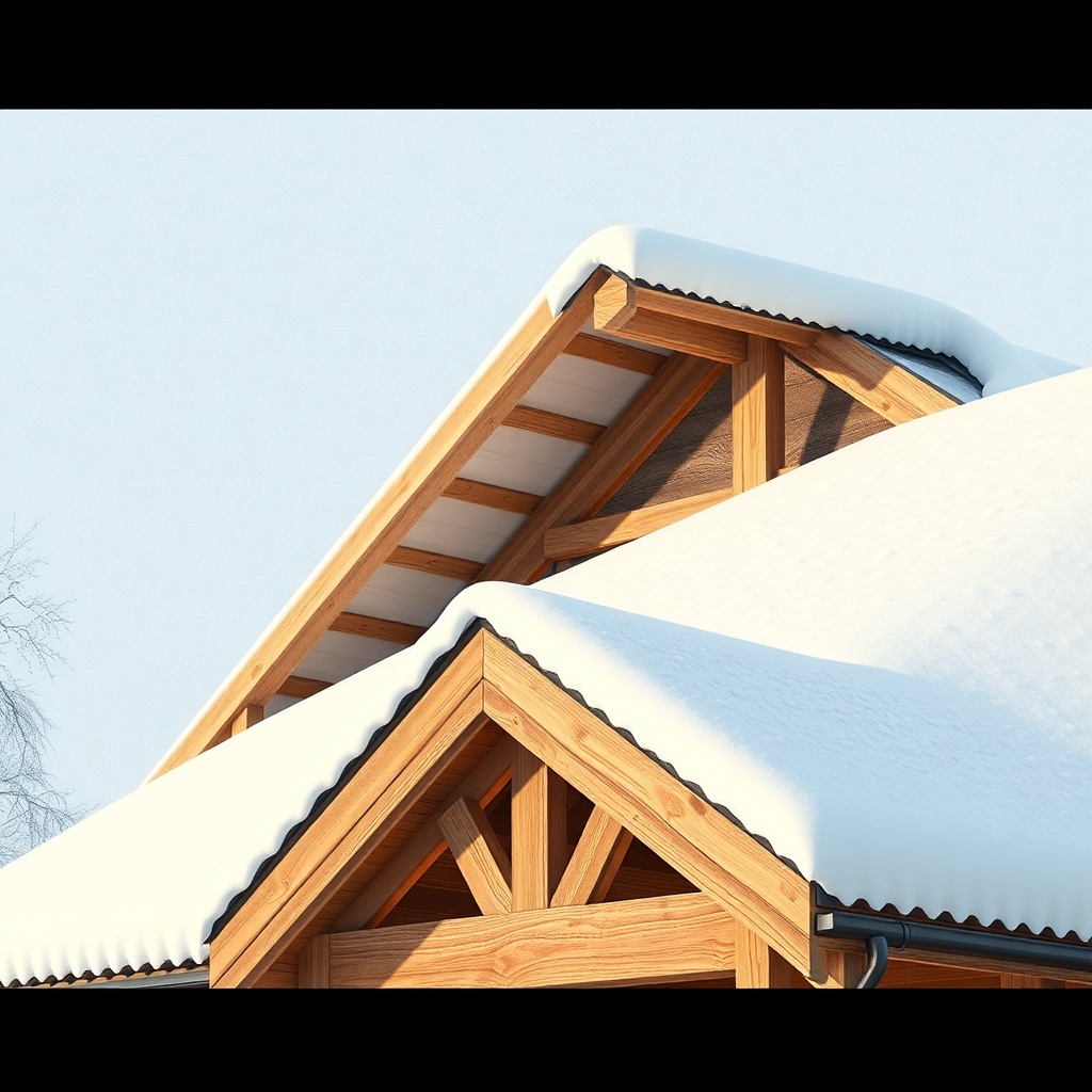 photorealistic image of a timber-framed roof under heavy snow with exposed beams and a rid