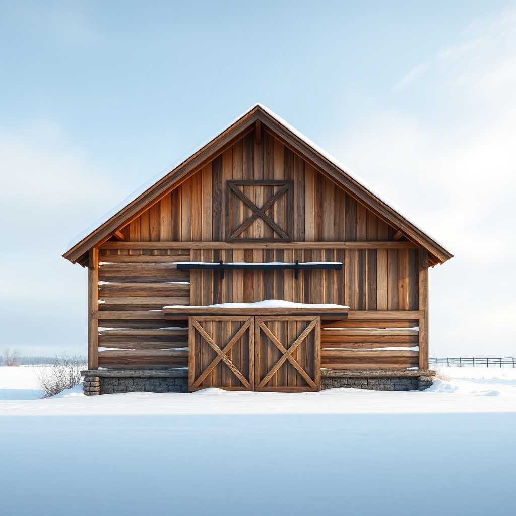 photorealistic image of a timber-framed barn with a steep gable roof in a snowy landscape