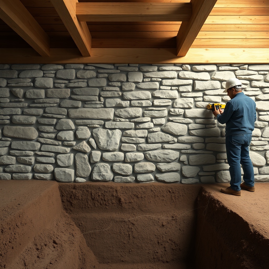 A photorealistic wide-angle view of a stone foundation wall under a TimberHomes Post & Bea