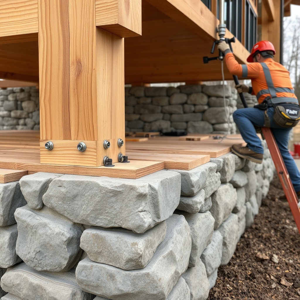 A photorealistic close-up of a TimberHomes Post & Beam sill plate being replaced on a ston