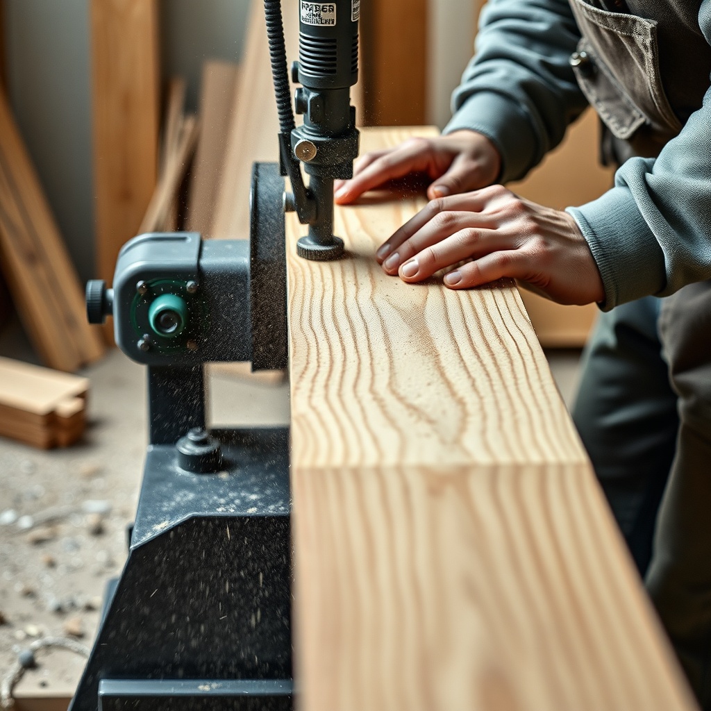 Photorealistic close-up of a timber framer using a portable bandsaw mill on a large spruce