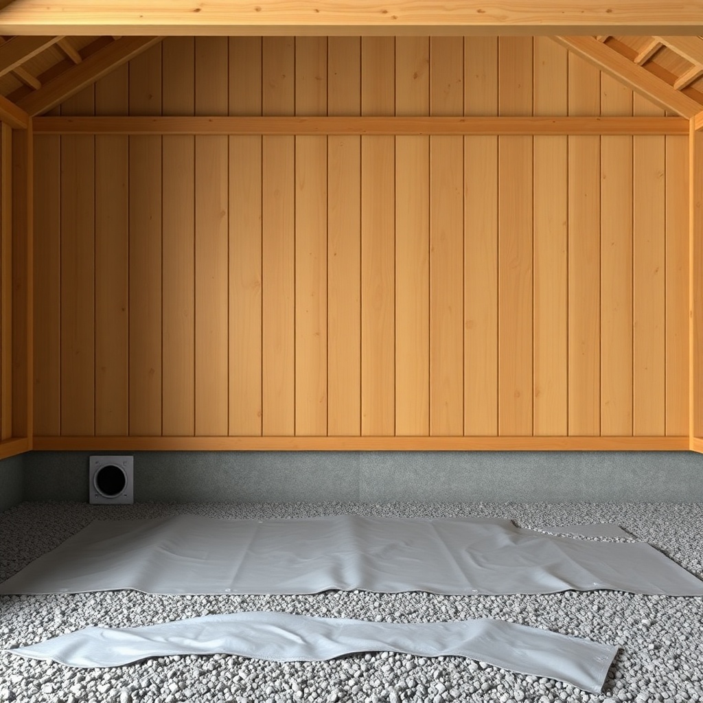 A clean photorealistic photo of a TimberHomes Post & Beam barn with a crawlspace foundatio