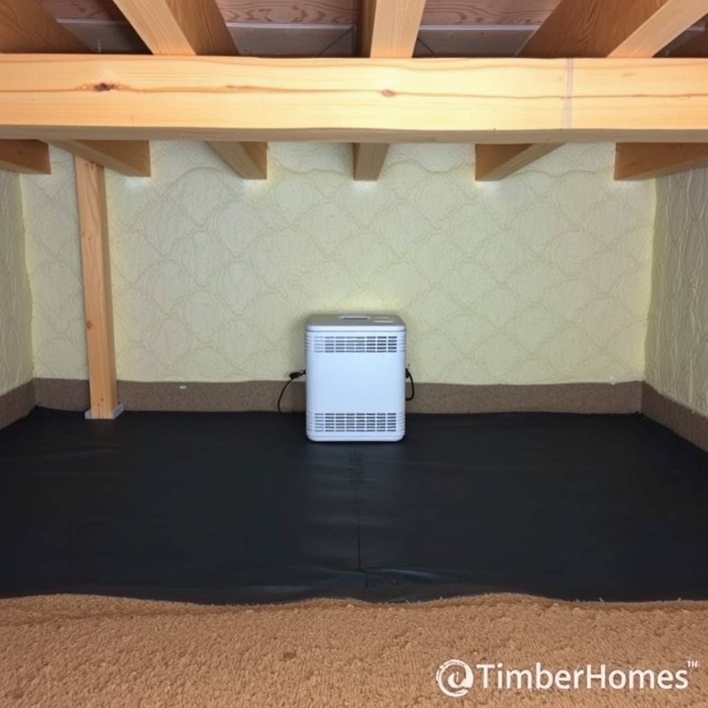 A clean photorealistic photo of a crawlspace under a TimberHomes Post & Beam structure