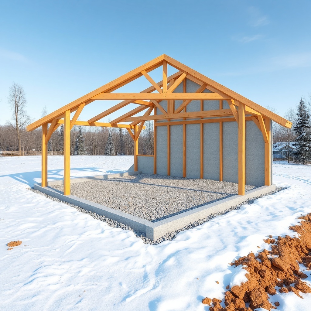 High-resolution photorealistic illustration of a TimberHomes Post & Beam barn foundation w