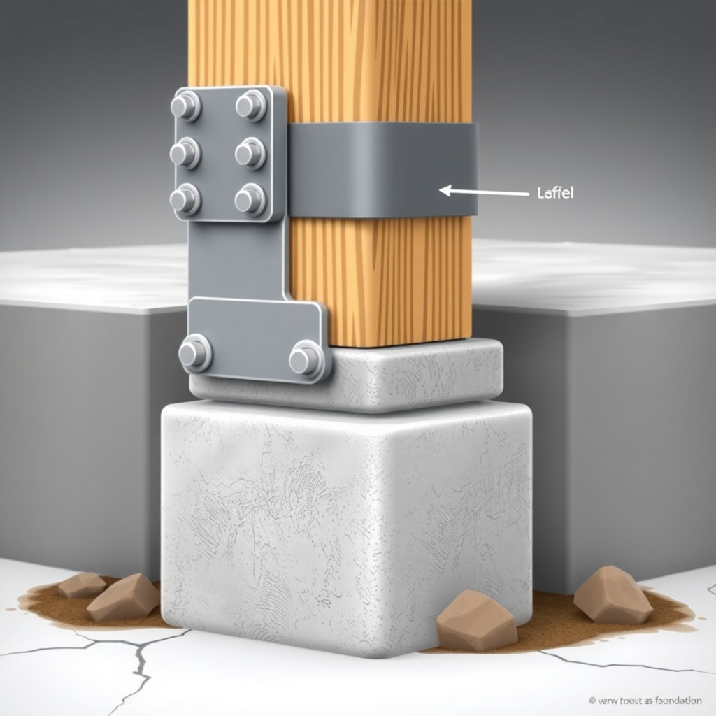 Photorealistic close-up illustration of a timber post connection to a concrete foundation