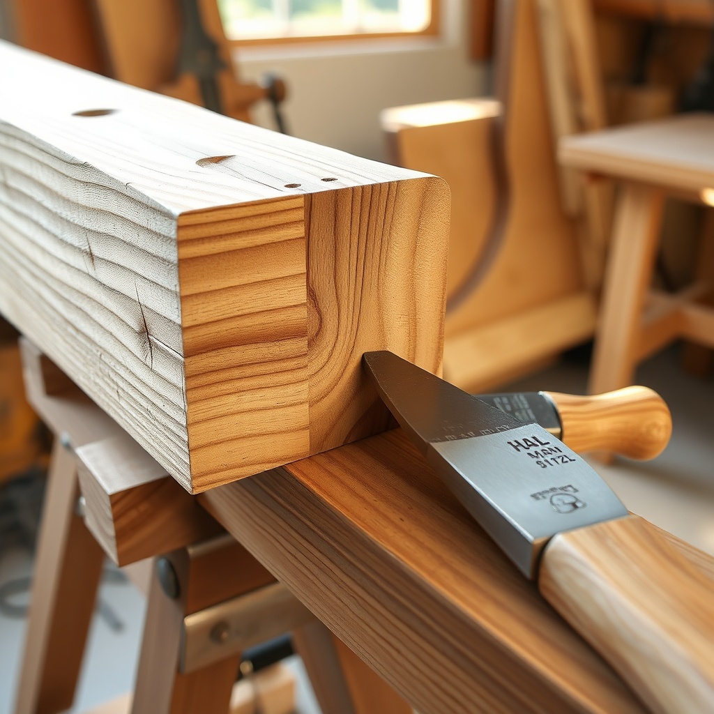 A photorealistic close-up of a hand-cut white oak tenon being fitted into a weathered mort
