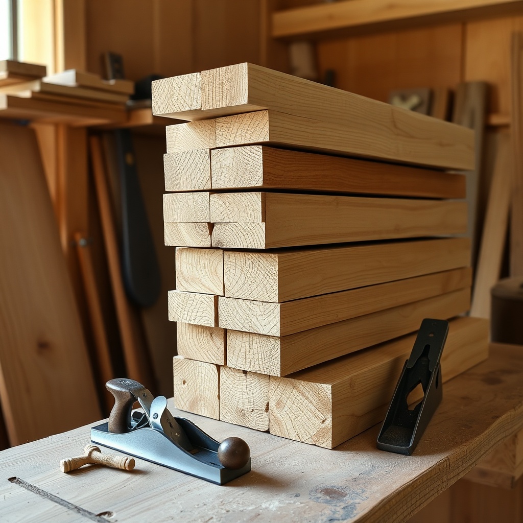 A stack of air-dried white oak timbers and locust pegs in a workshop