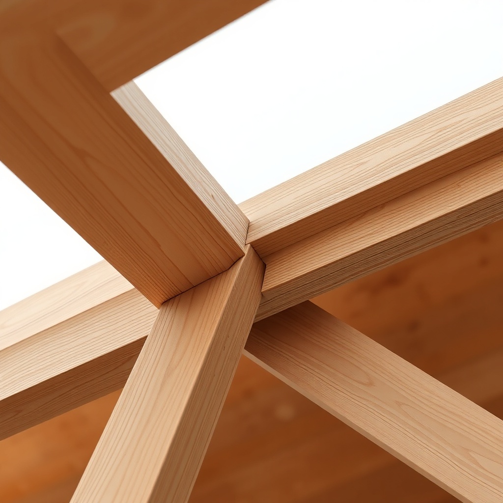 A clean photorealistic photo of a roof rafter-to-tie beam connection showing a sagging joi