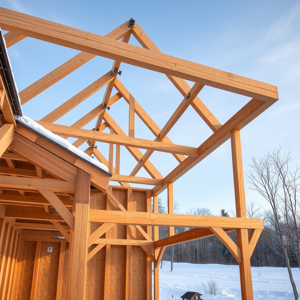 <clean photorealistic photo/illustration of a Yankee Barn Homes Lincoln roof frame showing
