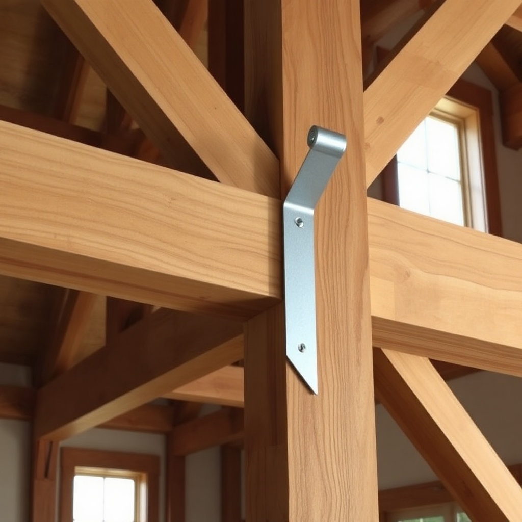 A clean photorealistic photo illustration of a Yankee Barn Homes Lincoln timber frame join