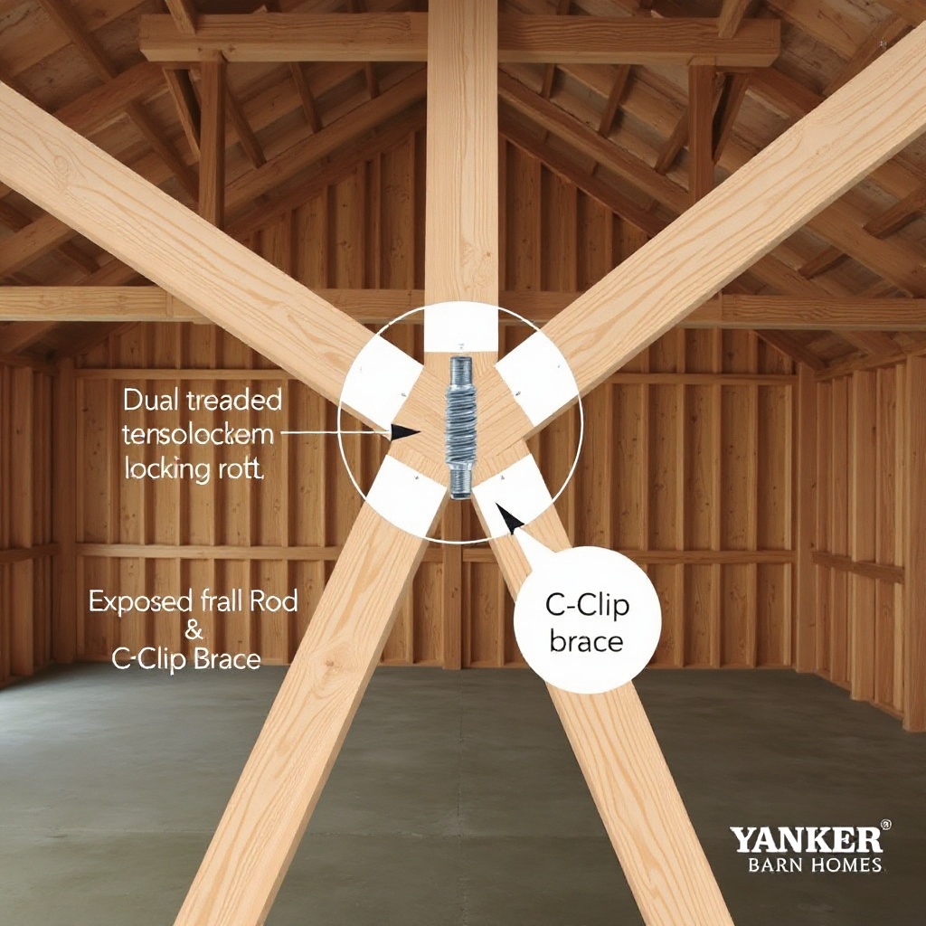 A clean photorealistic photo illustration of a Yankee Barn Homes Lincoln peak girt connect