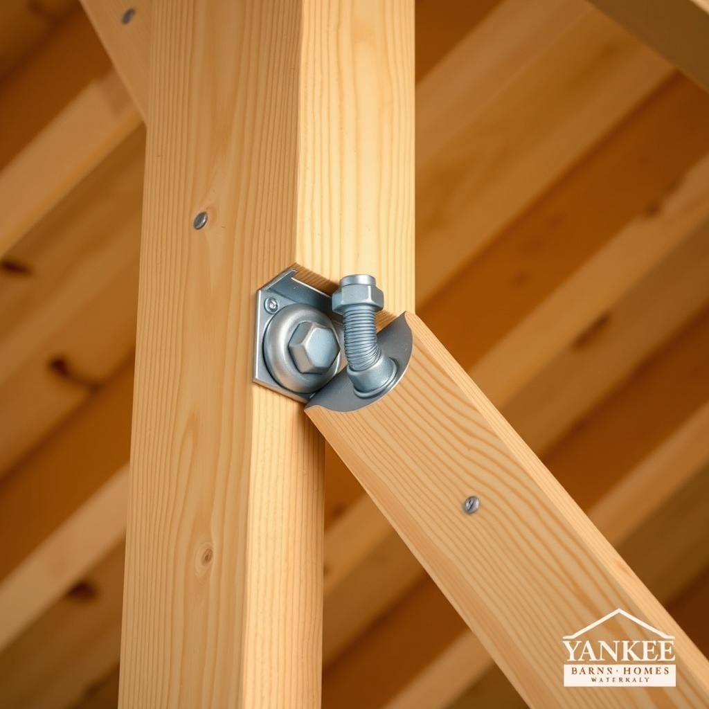 A photorealistic photo of a heavy timber bracing connection in a Yankee Barn Homes Lincoln