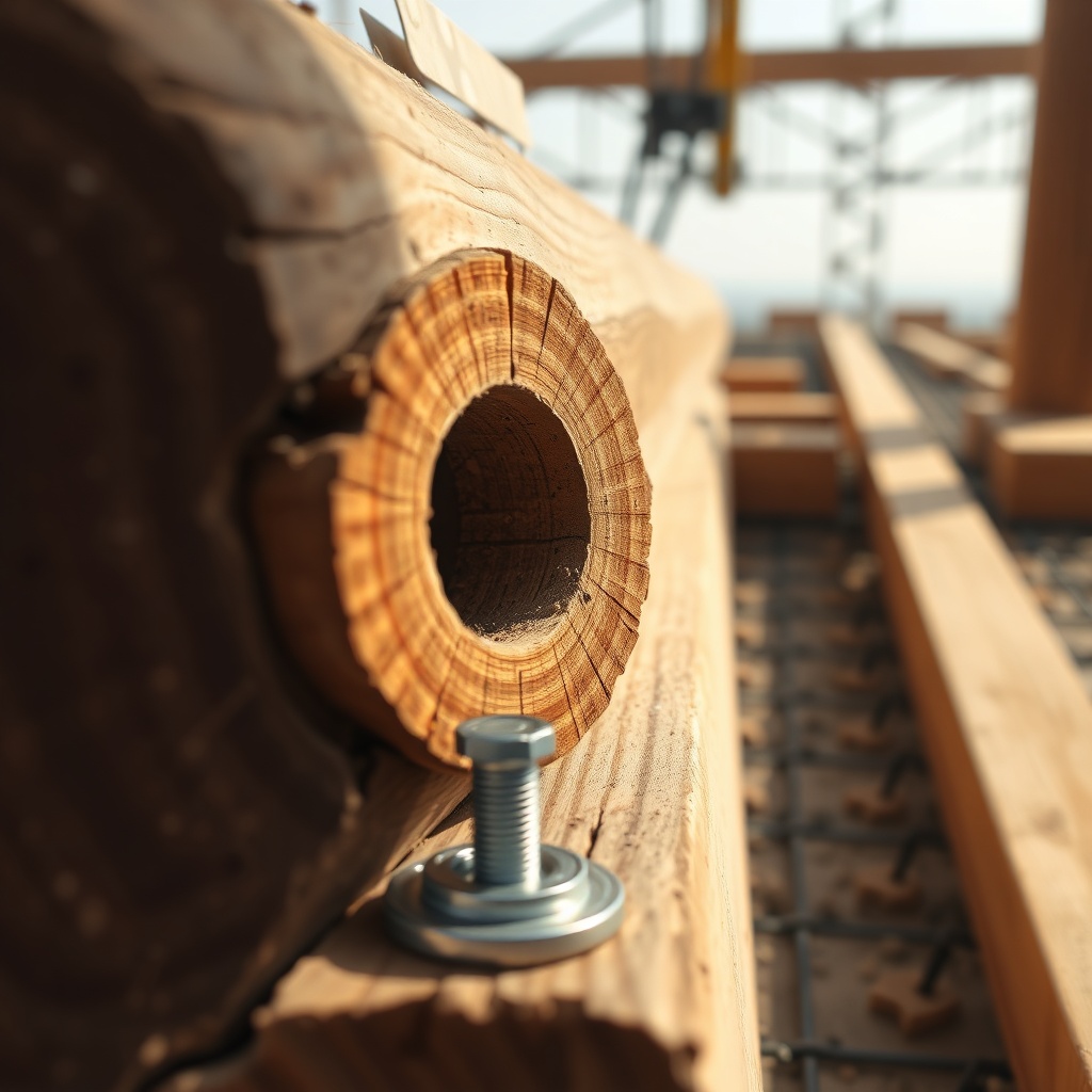 A photorealistic photo showing a close-up of a pre-drilled hole in a heavy timber with a b