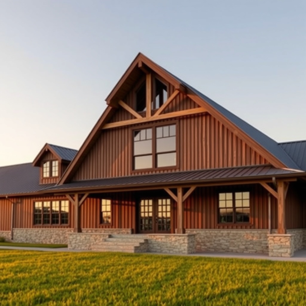 A clean photorealistic photo of the Yankee Barn Homes Lincoln exterior at golden hour