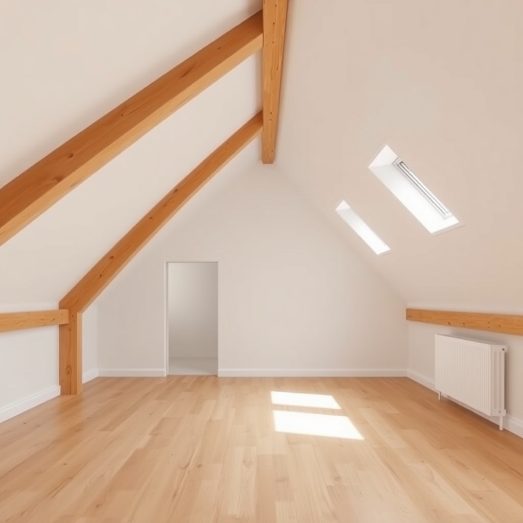 A clean photorealistic photo showing the interior of a Yankee Barn Homes Lincoln loft spac