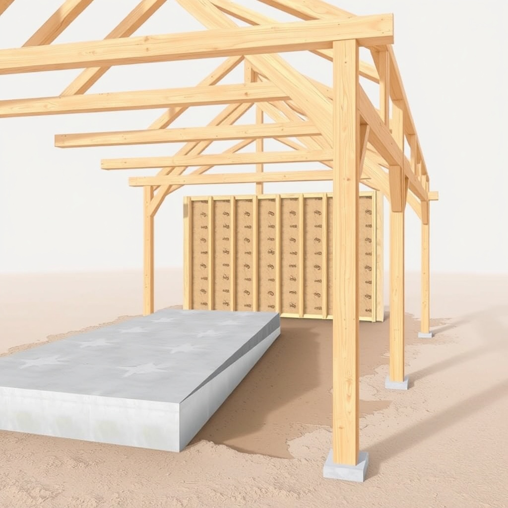 A clean photorealistic photo/illustration of a Yankee Barn Homes Lincoln timber frame unde