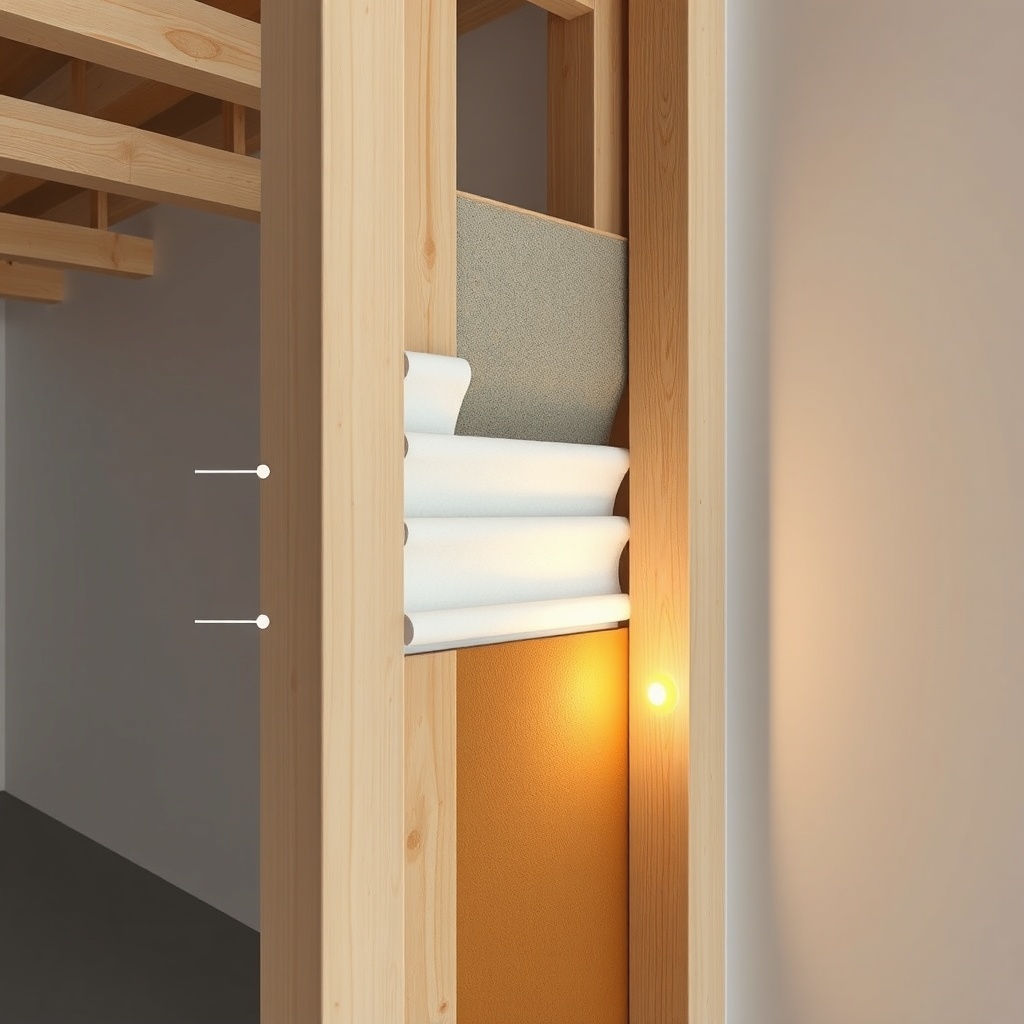 <clean photorealistic photo/illustration of timber frame wall section showing insulation l
