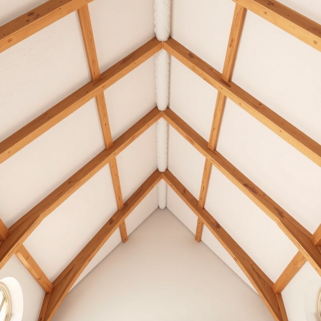 <clean photorealistic photo/illustration of cathedral ceiling with spray foam insulation b