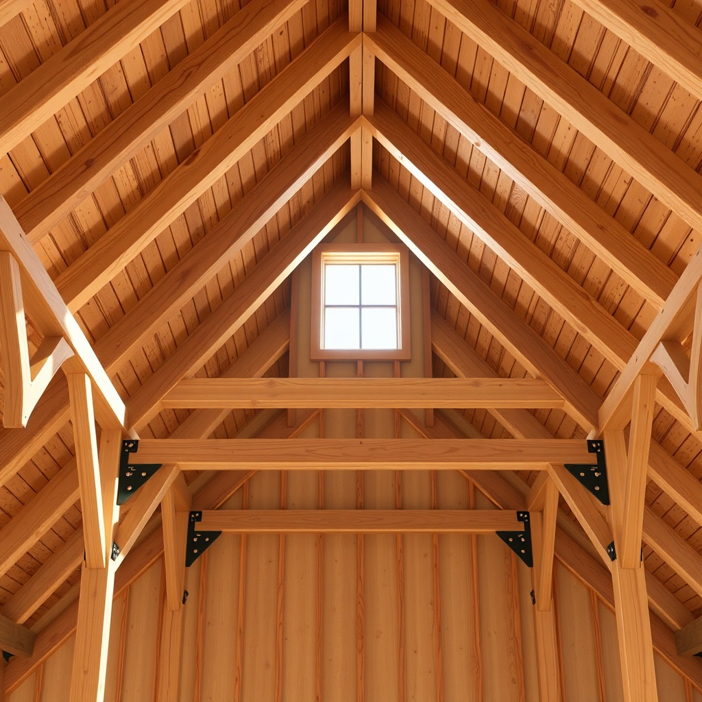 Interior view of Yankee Barn Homes Lincoln showing peak girts tied into posts with steel b