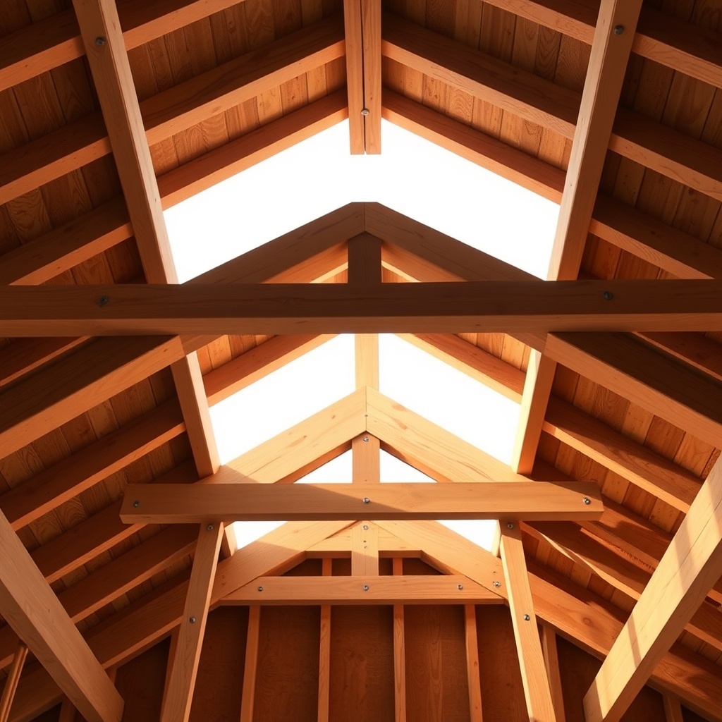 <A clean photorealistic 16:9 photo showing a Yankee Barn Homes Lincoln roof frame from an