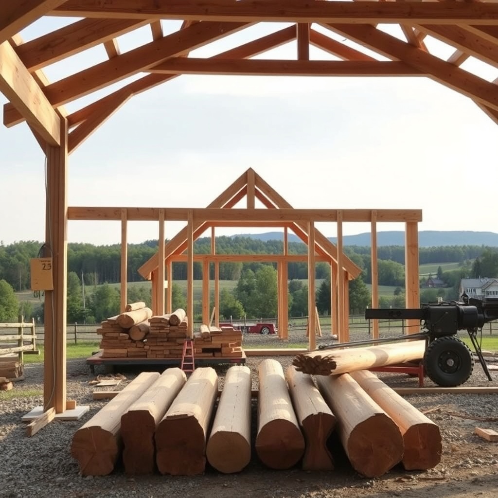 <clean photorealistic photo/illustration of a Yankee Barn Homes Lincoln frame being built